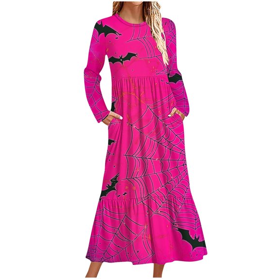 WXLWZYWL Womens Halloween Dress Plus Size Womens Dresses Fall 2024 Floral Printed Long Dress Long Sleeve Round Neck Sundress