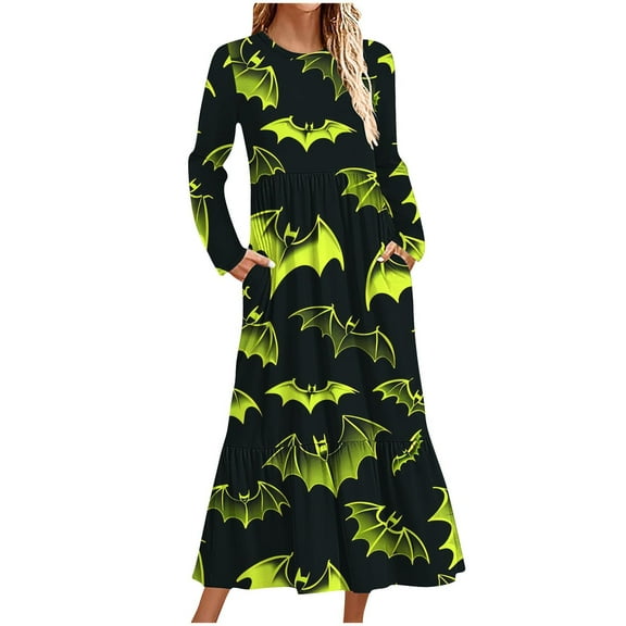 WXLWZYWL Womens Halloween Dress Plus Size Womens Dresses Fall 2024 Floral Printed Long Dress Long Sleeve Round Neck Sundress