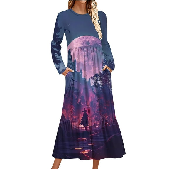 WXLWZYWL Womens Halloween Dress Plus Size Womens Dresses Fall 2024 Floral Printed Long Dress Long Sleeve Round Neck Sundress