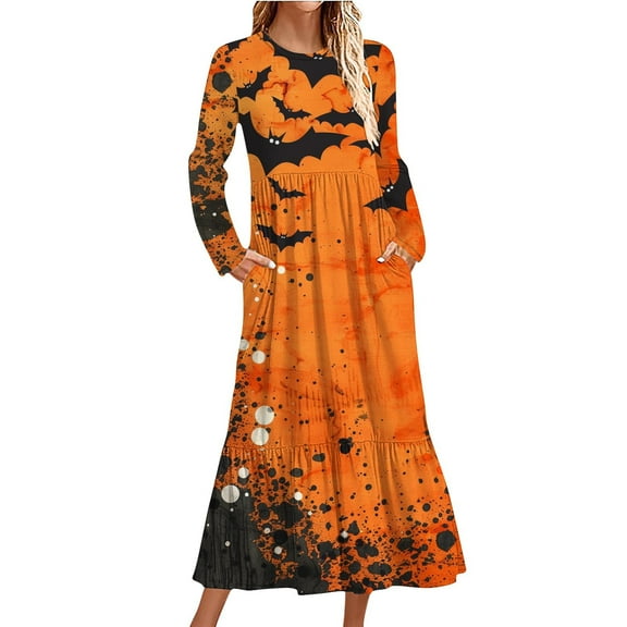 WXLWZYWL Womens Halloween Dress Plus Size Womens Dresses Fall 2024 Floral Printed Long Dress Long Sleeve Round Neck Sundress