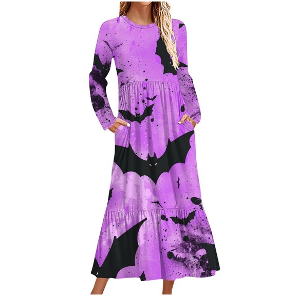WXLWZYWL Womens Halloween Dress Plus Size Womens Dresses Fall 2024 Floral Printed Long Dress Long Sleeve Round Neck Sundress