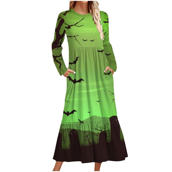 WXLWZYWL Womens Halloween Dress Plus Size Womens Dresses Fall 2024 Floral Printed Long Dress Long Sleeve Round Neck Sundress