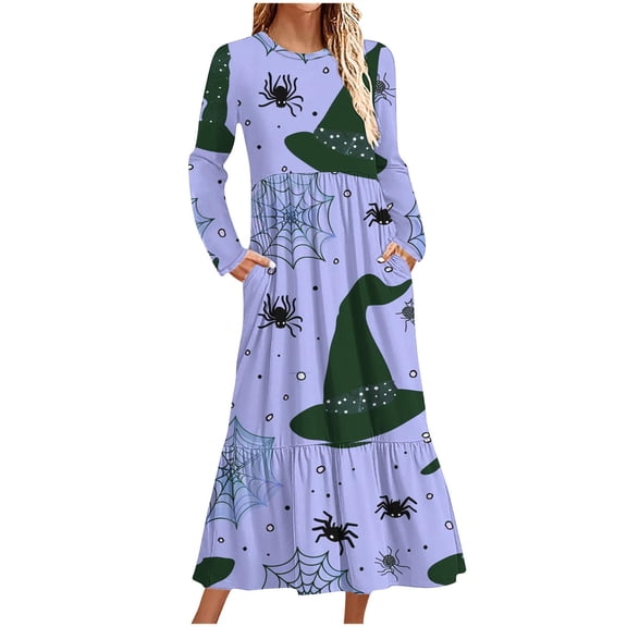 WXLWZYWL Womens Halloween Dress Plus Size Womens Dresses Fall 2024 Floral Printed Long Dress Long Sleeve Round Neck Sundress