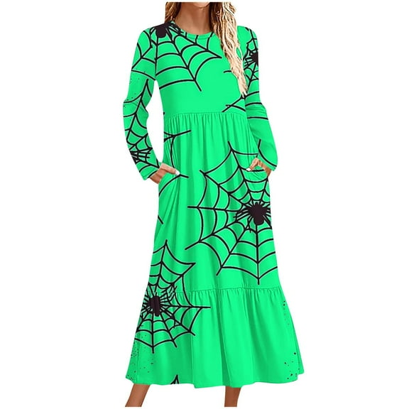 WXLWZYWL Womens Halloween Dress Plus Size Womens Dresses Fall 2024 Floral Printed Long Dress Long Sleeve Round Neck Sundress