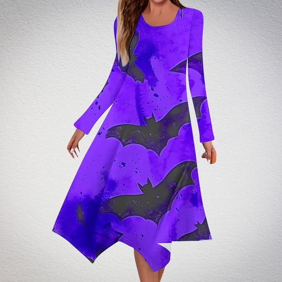 WXLWZYWL Womens Halloween Dress Shirt Womens Fall Dresses 2024 Long Sleeve Round Neck Casaul Dress Solid Color Loose Fit Midi Dress Shift Dress