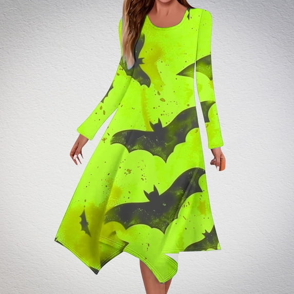 WXLWZYWL Womens Halloween Dress Shirt Womens Fall Dresses 2024 Long Sleeve Round Neck Casaul Dress Solid Color Loose Fit Midi Dress Shift Dress