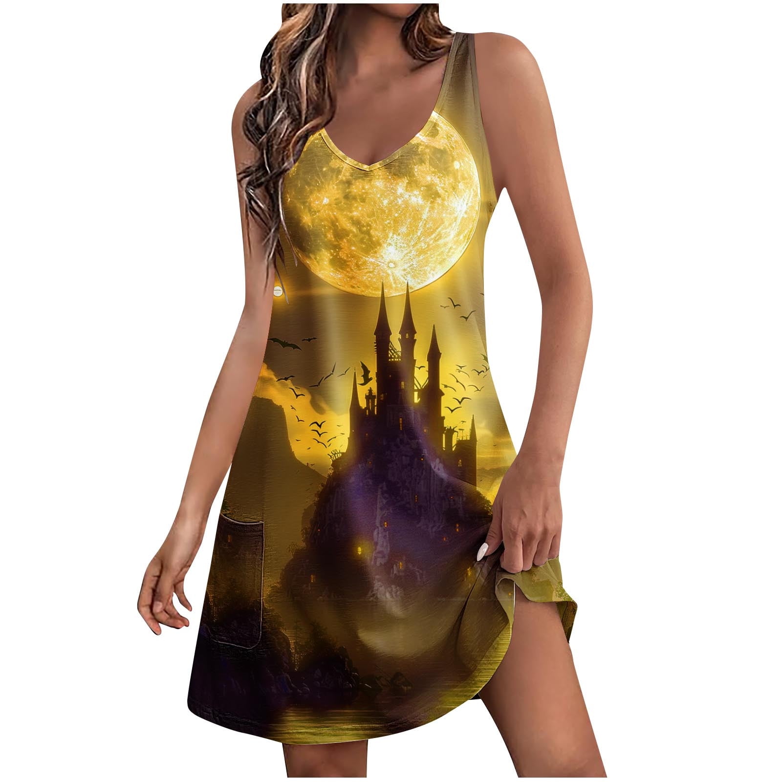 WXLWZYWL Womens Halloween Theme Dress Summer Fall Dress for Women Halloween  Printed Pocket Dress Sleeveless V Neck Dress Casual Suppender Dresses -  Walmart.com