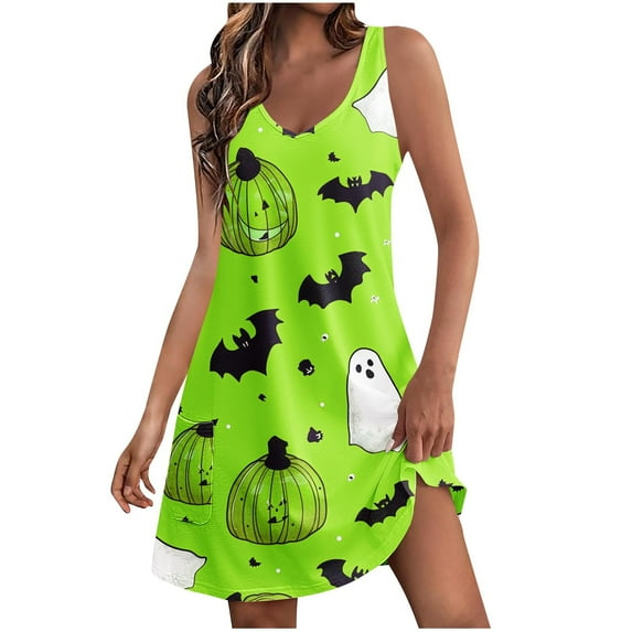WXLWZYWL Womens Halloween Theme Dress Summer Fall Dress for Women Halloween Printed Pocket Dress Sleeveless V Neck Dress Casual Suppender Dresses