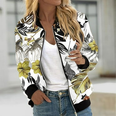 WXLWZYWL Womens Jackets Dressy Casual Floral Zip Up Bomber Jacket with Pocket Stand Collar Lightweight Short Outwear Tops