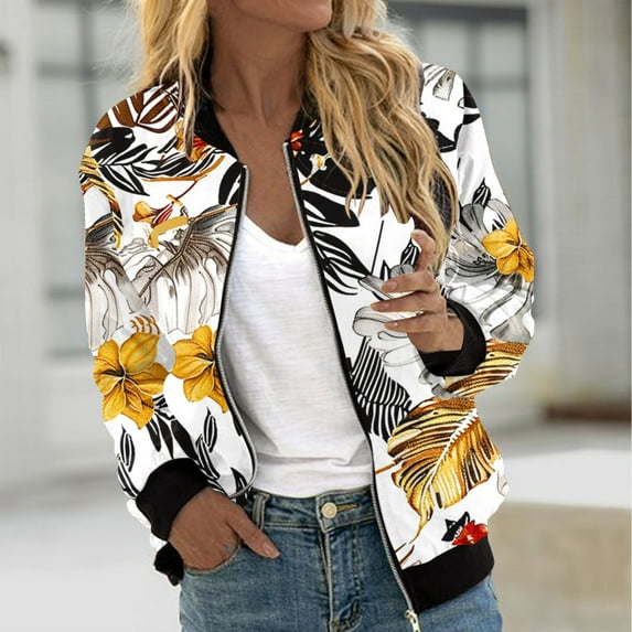 WXLWZYWL Womens Jackets Dressy Casual Floral Zip Up Bomber Jacket with Pocket Stand Collar Lightweight Short Outwear Tops