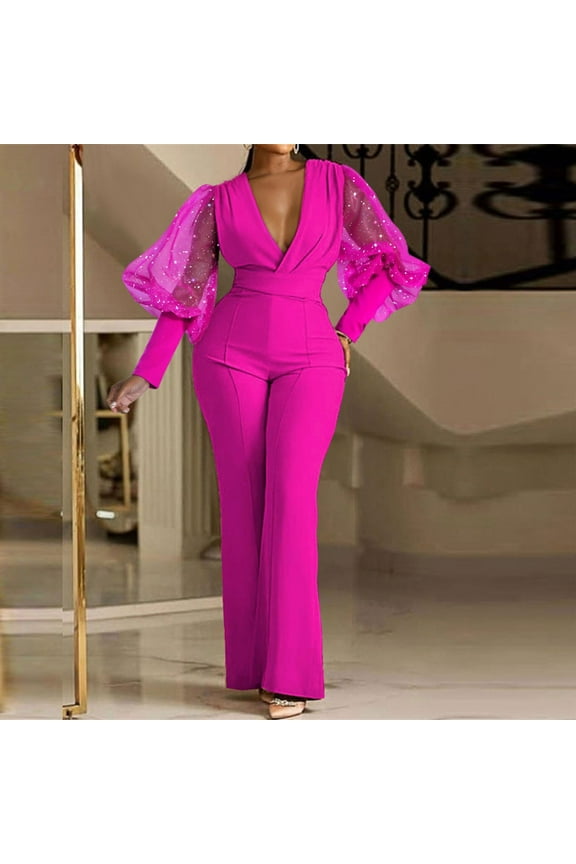Womens Jumpsuits Casual Dressy with Long Puff Sleeves Mesh See Through One Piece Outfit Wrap Deep V Neck Belted Jumpsuit Solid Color Wide Leg Pants Clubwear Party Rompers