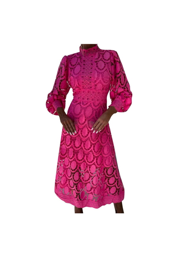 Womens Lace Midi Dress 2024 Eyelet Mock High Neck Puff Long Sleeve Button Tiered A Line Sun Dress