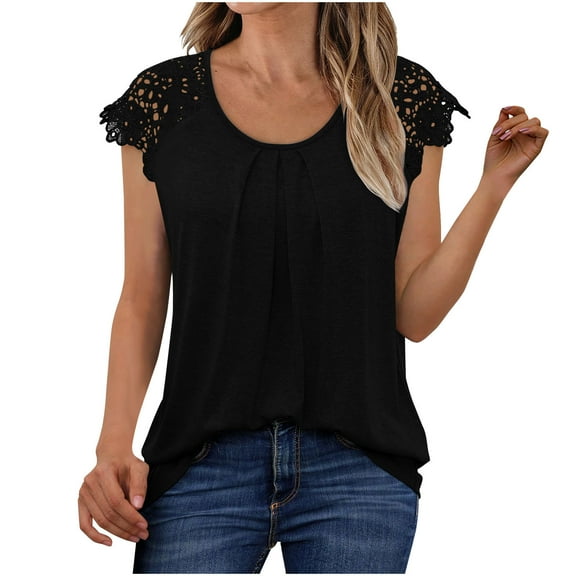 WXLWZYWL Womens Lace Tops Pleated Short Sleeve Shirts Summer Business Casual Dressy Blouses