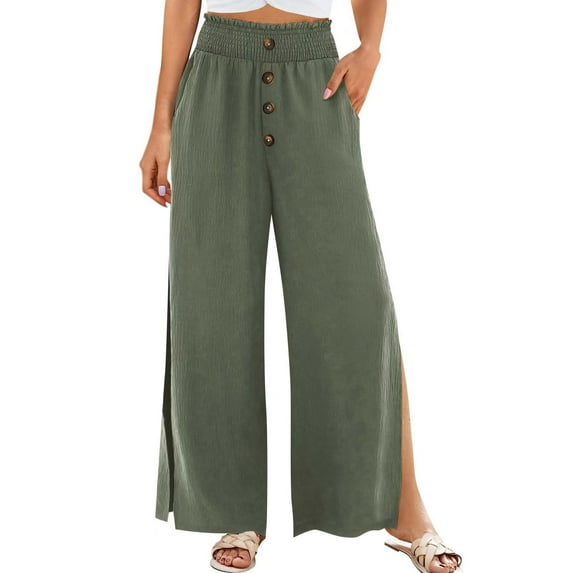 WXLWZYWL Womens Linen Pants Summer Wide Leg High Waisted Side Split Palazzo Pants Elastic Casual Flowy Split Lounge Pants Trousers Dressy Culottes with Pocket