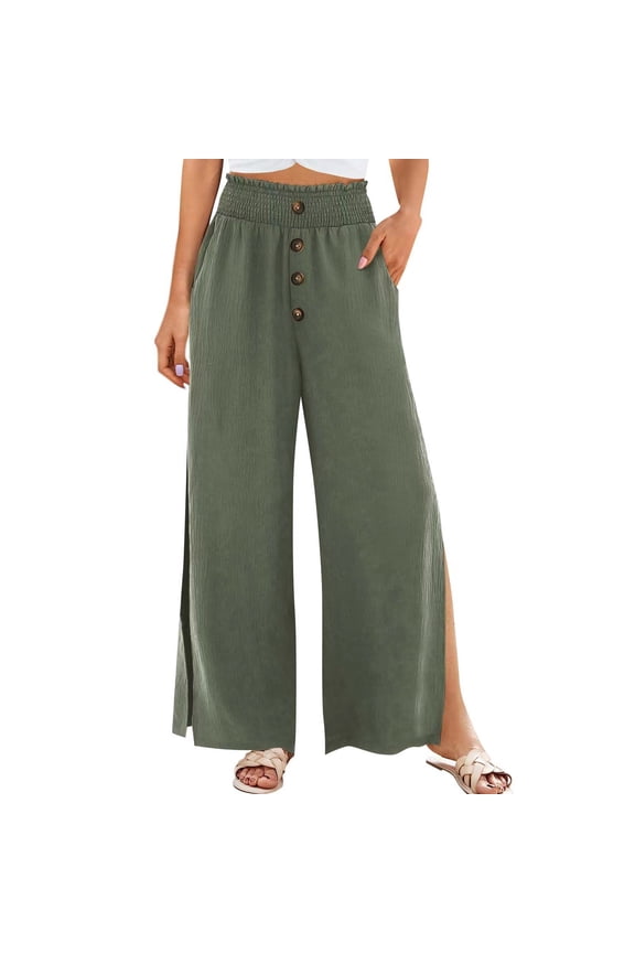Womens Linen Pants Summer Wide Leg High Waisted Side Split Palazzo Pants Elastic Casual Flowy Split Lounge Pants Trousers Dressy Culottes with Pocket
