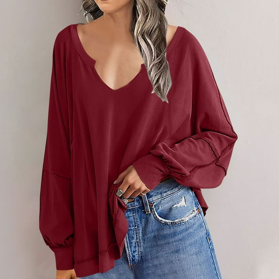 WXLWZYWL Womens Long Sleeve Sweatshirts Oversized, Tunic Loose Fit V Neck Shirts, Lightweight Casual Basic Tees