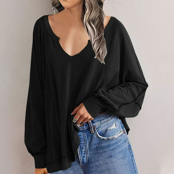 WXLWZYWL Womens Long Sleeve Sweatshirts Oversized, Tunic Loose Fit V Neck Shirts, Lightweight Casual Basic Tees
