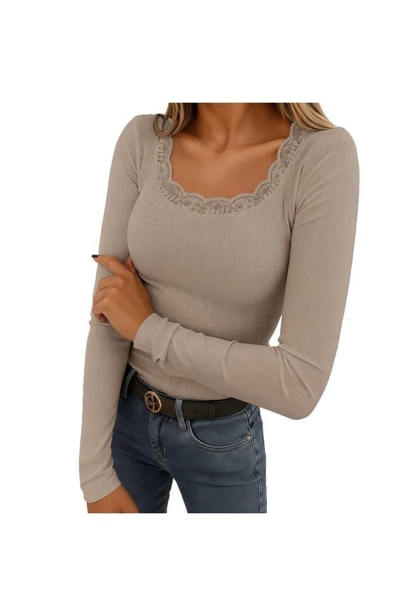 Womens Long Sleeve Tops Casual Slim Fitted T-Shirt Lace Crew Neck Ribbed Knit Shirts Going out Basic Tee