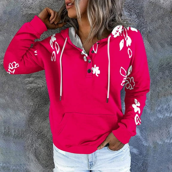 WXLWZYWL Womens Long Sleeve Tops Drawstring Sweatshirt Button Sweater Workout Blouses Floral Print Outdoor Hoodie with Pockets
