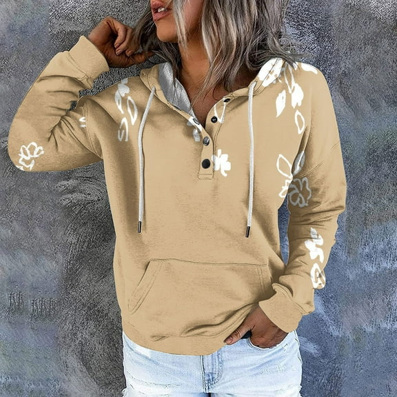WXLWZYWL Womens Long Sleeve Tops Drawstring Sweatshirt Button Sweater Workout Blouses Floral Print Outdoor Hoodie with Pockets