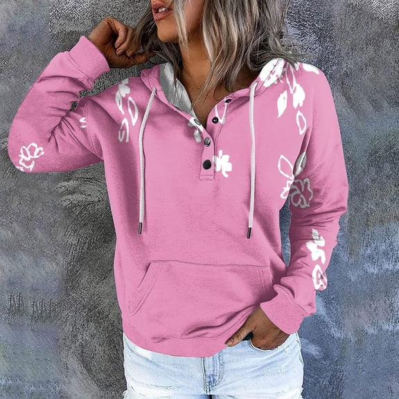 WXLWZYWL Womens Long Sleeve Tops Drawstring Sweatshirt Button Sweater Workout Blouses Floral Print Outdoor Hoodie with Pockets