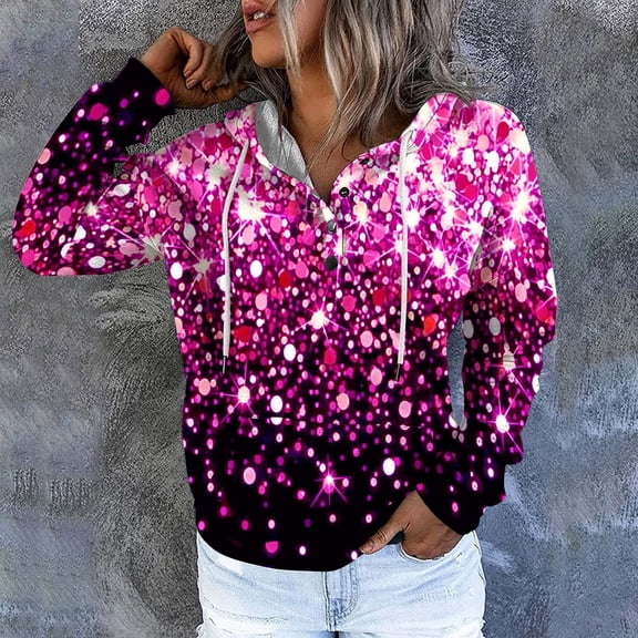 WXLWZYWL Womens Long Sleeve Tops Drawstring Sweatshirt Button Sweater Workout Blouses Floral Print Outdoor Hoodie with Pockets