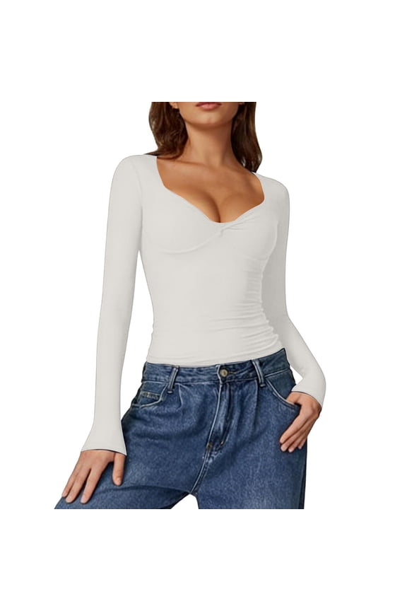 Womens Long Sleeve Twist Front V Neck Double Lined Slim Fitted Trendy Going out Tops Top