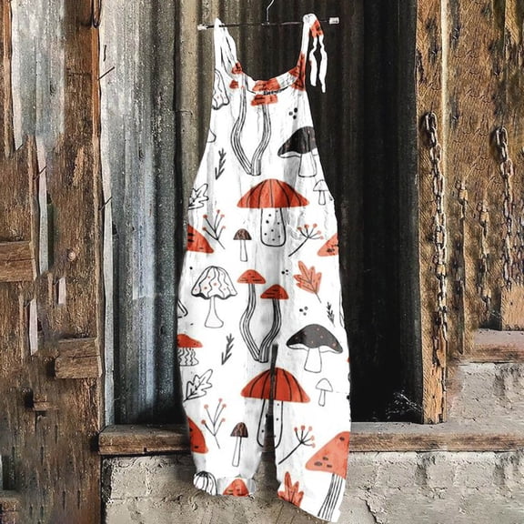 WXLWZYWL Womens One Piece Jumpsuit Summer Boho Casual Wide Leg Overalls Cute Cartoon Mushroom Printed Vintage Overalls Plus Size Casual Spaghetti Strap Baggy Rompers with Pockets