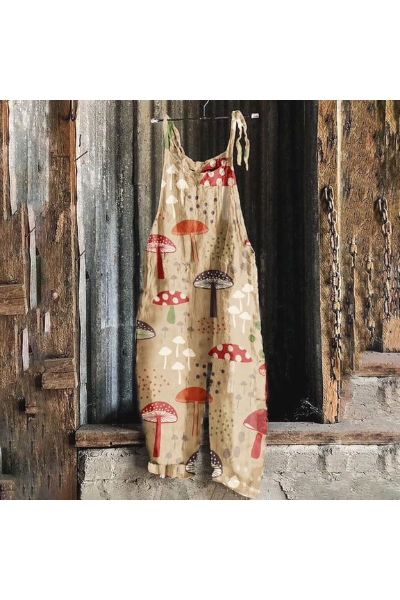 Womens One Piece Jumpsuit Summer Boho Casual Wide Leg Overalls Cute Cartoon Mushroom Printed Vintage Overalls Plus Size Casual Spaghetti Strap Baggy Rompers with Pockets