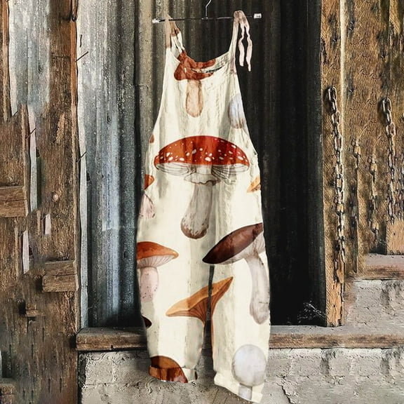 WXLWZYWL Womens One Piece Jumpsuit Summer Boho Casual Wide Leg Overalls Cute Cartoon Mushroom Printed Vintage Overalls Plus Size Casual Spaghetti Strap Baggy Rompers with Pockets