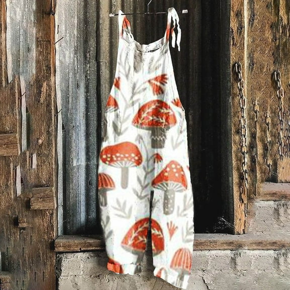 WXLWZYWL Womens One Piece Jumpsuit Summer Boho Casual Wide Leg Overalls Cute Cartoon Mushroom Printed Vintage Overalls Plus Size Casual Spaghetti Strap Baggy Rompers with Pockets