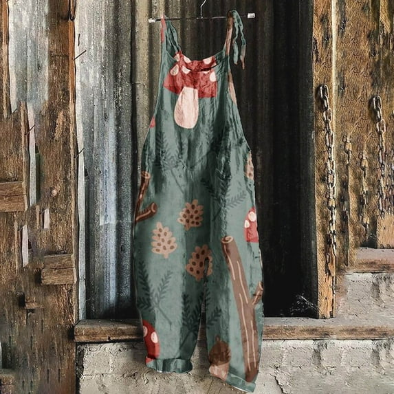 WXLWZYWL Womens One Piece Jumpsuit Summer Boho Casual Wide Leg Overalls Cute Cartoon Mushroom Printed Vintage Overalls Plus Size Casual Spaghetti Strap Baggy Rompers with Pockets