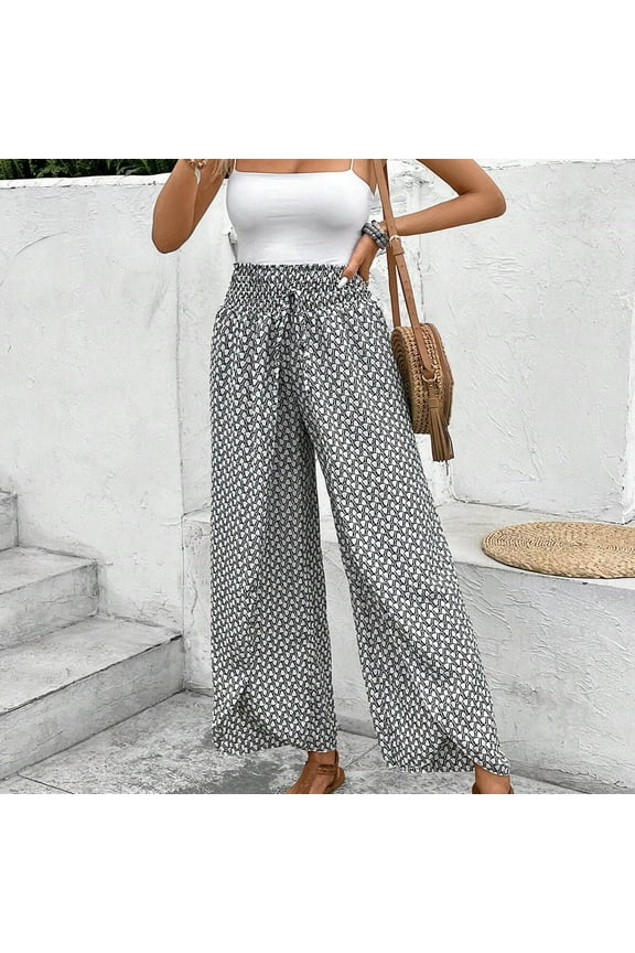 Womens Palazzo Pants Summer Versatile Graphic Print Straight Wide Leg Slacks Flowy Elastic Waisted Drawstring Pants Wrap Pants Casual Loose Pants