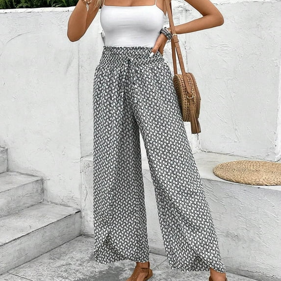 WXLWZYWL Womens Palazzo Pants Summer Versatile Graphic Print Straight Wide Leg Slacks Flowy Elastic Waisted Drawstring Pants Wrap Pants Casual Loose Pants