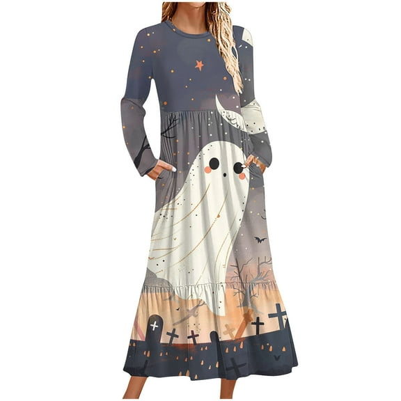 WXLWZYWL Womens Plus Halloween Dress Pumpkin Printed Costume Dresses Long Sleeve Crewneck Dress A Line Long Dresses