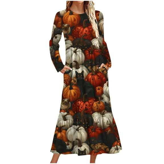 WXLWZYWL Womens Plus Halloween Dress Pumpkin Printed Costume Dresses Long Sleeve Crewneck Dress A Line Long Dresses