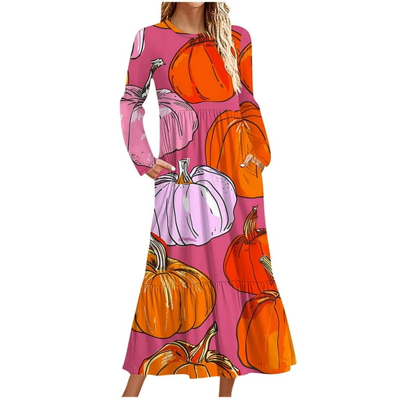 WXLWZYWL Womens Plus Halloween Dress Pumpkin Printed Costume Dresses Long Sleeve Crewneck Dress A Line Long Dresses