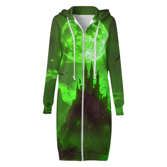 WXLWZYWL Womens Plus Size Halloween Hoodies Long Sleeve Retro Halloween Graphic Print Cardigans Coat Full Zip Up Casual Loose Long Hooded Sweatshirts Coats
