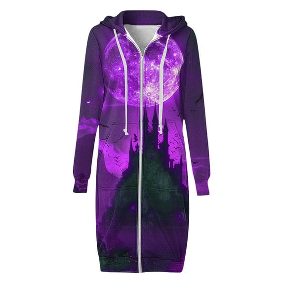 WXLWZYWL Womens Plus Size Halloween Hoodies Long Sleeve Retro Halloween Graphic Print Cardigans Coat Full Zip Up Casual Loose Long Hooded Sweatshirts Coats