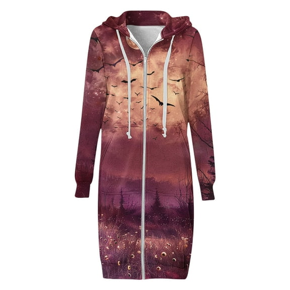 WXLWZYWL Womens Plus Size Halloween Hoodies Long Sleeve Retro Halloween Graphic Print Cardigans Coat Full Zip Up Casual Loose Long Hooded Sweatshirts Coats