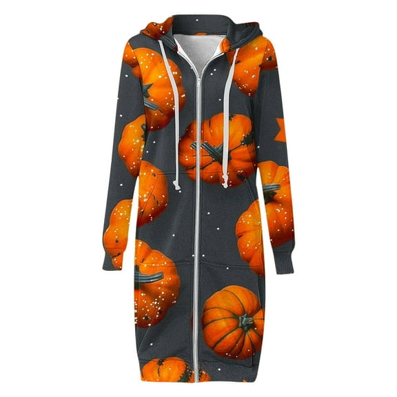 WXLWZYWL Womens Plus Size Halloween Hoodies Long Sleeve Retro Halloween Graphic Print Cardigans Coat Full Zip Up Casual Loose Long Hooded Sweatshirts Coats