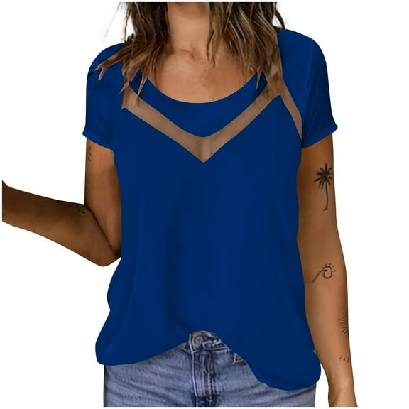 WXLWZYWL Womens Plus Size Tops Dressy Mesh Patchwork Short Sleeve Shirts Crew Neck T Shirts Loose Summer Tees
