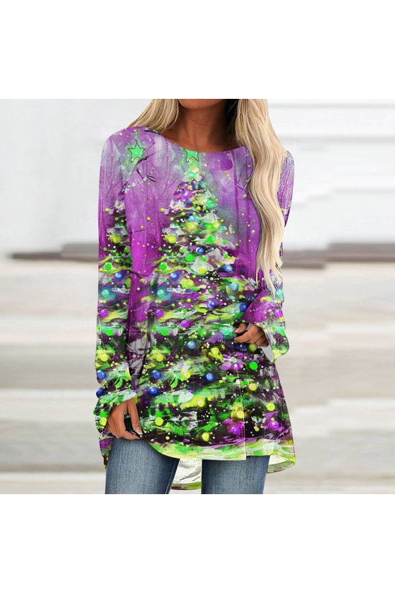 Womens Printed Tunic Tops to Wear with Leggings Vintage Chrismas Long Sleeve Shirts Crewneck Blouses Graphic Tees for Women