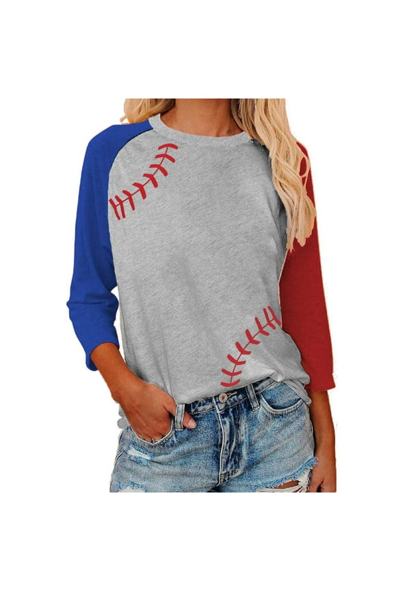 Womens Raglan Shirts 3/4 Sleeve Baseball Tee Round Neck Patchwork Color Block Casual Blouse Tops