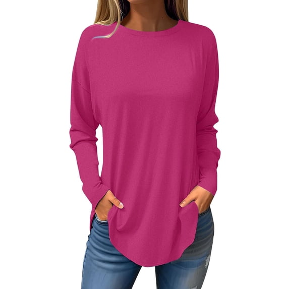 WXLWZYWL Womens Round Neck Solid Color Fall Blouses Fashion Smocked Long Sleeve Shirts Tops
