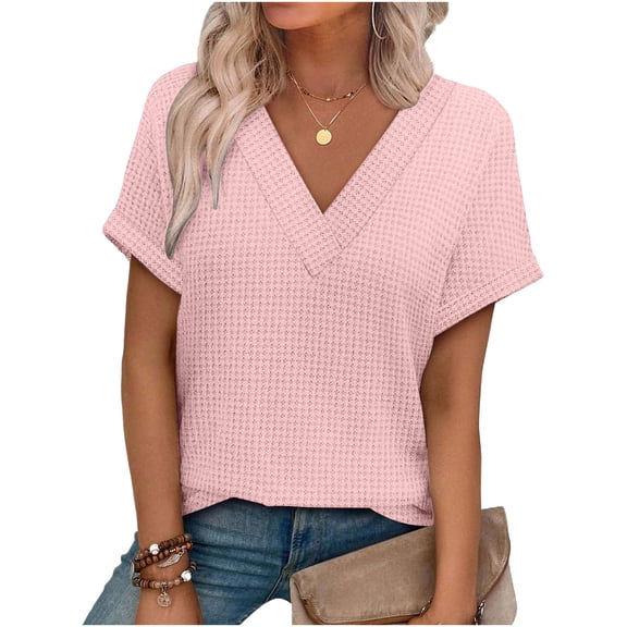 WXLWZYWL Womens Short Sleeve Tops V Neck Spring Summer T Shirts Casual Blouses Outfits Solid Color