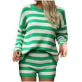 thumbnail image 1 of WXLWZYWL Womens Striped Sweater Set Oversized Lounge Sets Knit Long Sleeve Top and Shorts Matching Pajamas Sets 2 Piece Outfits, 1 of 5