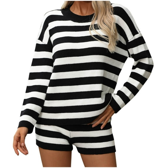 WXLWZYWL Womens Striped Sweater Set Oversized Lounge Sets Knit Long Sleeve Top and Shorts Matching Pajamas Sets 2 Piece Outfits