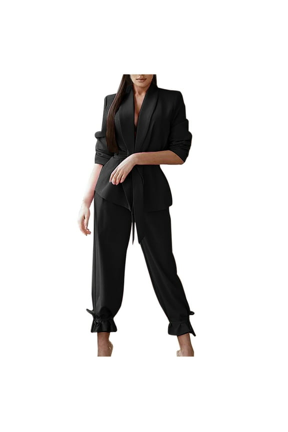 Womens Suits Blazer and Pants Long Sleeve Solid Suit Pants Casual Elegant Business Suit Sets Black