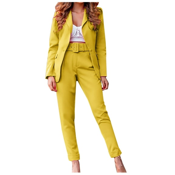WXLWZYWL Womens Suits Blazer and Pants Long Sleeve Solid Suit Pants Casual Elegant Business Suit Sets Yellow
